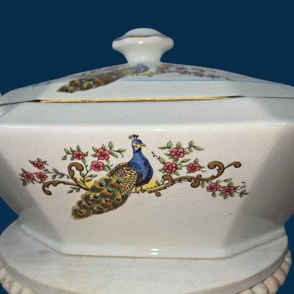 Vintage Octagonal Ceramic Tureen With Lid & Handles Peacock & Floral Motif White - Picture 1 of 13
